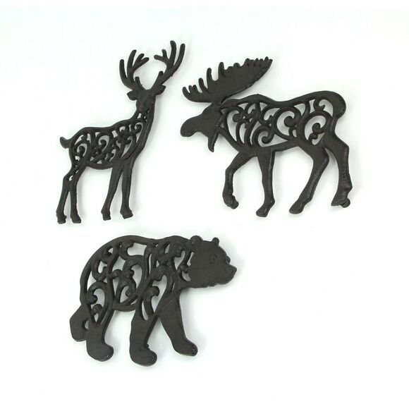 Set of 3 Cast Iron Lodge Design Kitchen Trivets Wall Hanging Art Deer Moose Bear - Picture 2 of 4